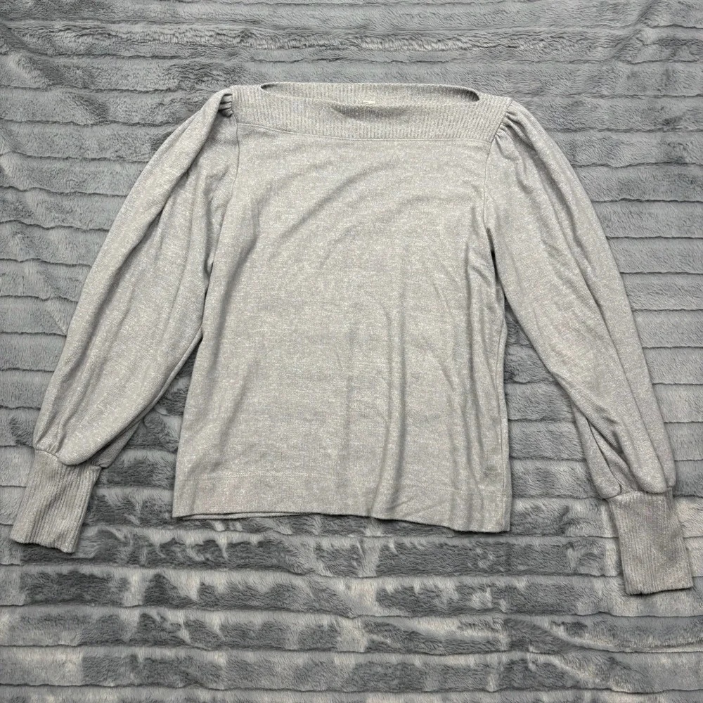 LOFT Womens Gray Marled Boat Neck Puff Shoulder Bishop Sleeve Knit Top Small